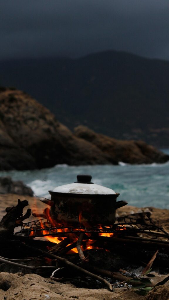campfire, pot, cook, cooking, coast, sea, ocean, beach, meal, food, camping, camp, firewood, outdoors, nature